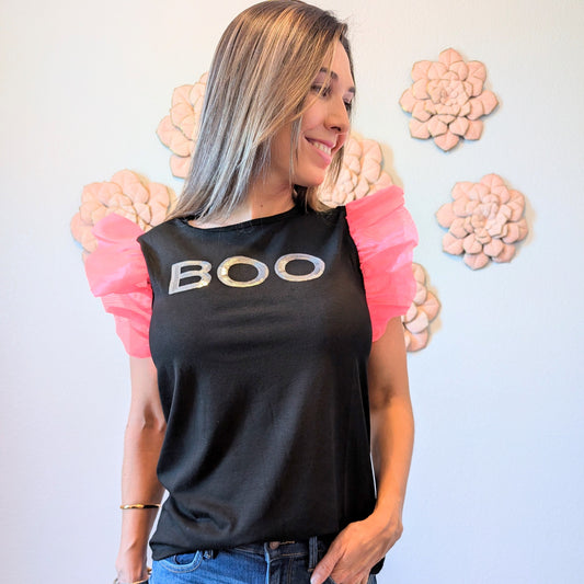 black tee with silver sequin BOO with pink organza sleeves