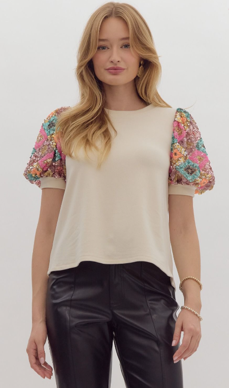 Cream Sequin Sleeve Top