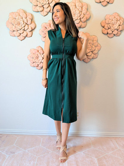 Hunter Green Midi Zip Up Dress