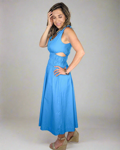 blue midi dress with side cutouts