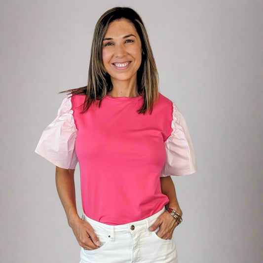 pink top with poplin sleeves