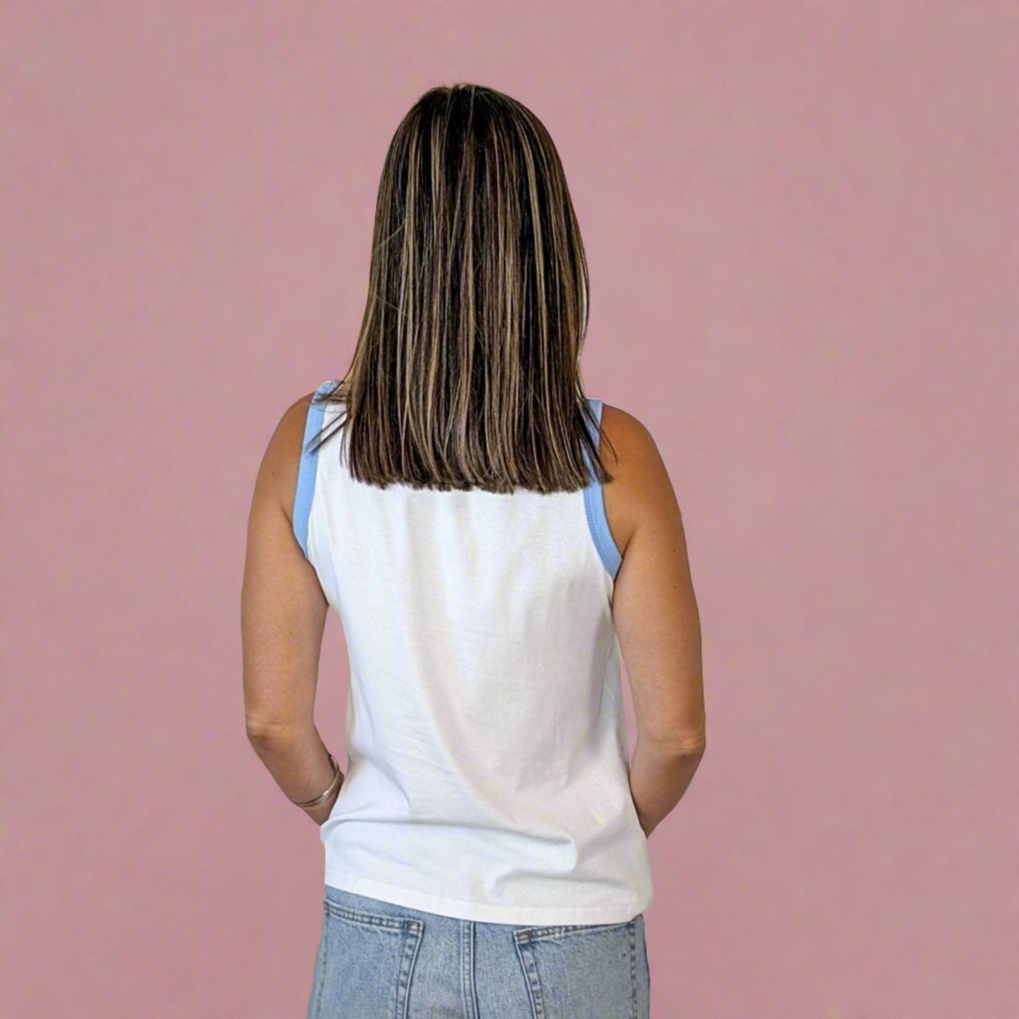 white cotton tank with blue trim