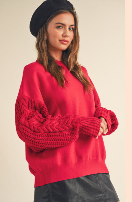 Red Cable Knit Sleeve Sweater