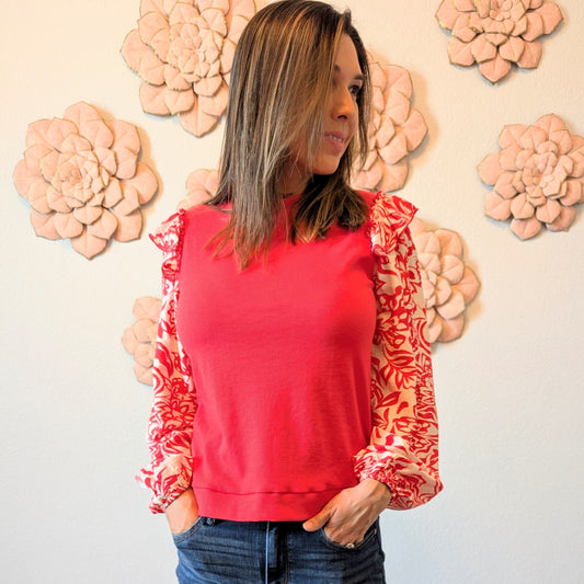 solid ribbed knit top with cream and red floral print