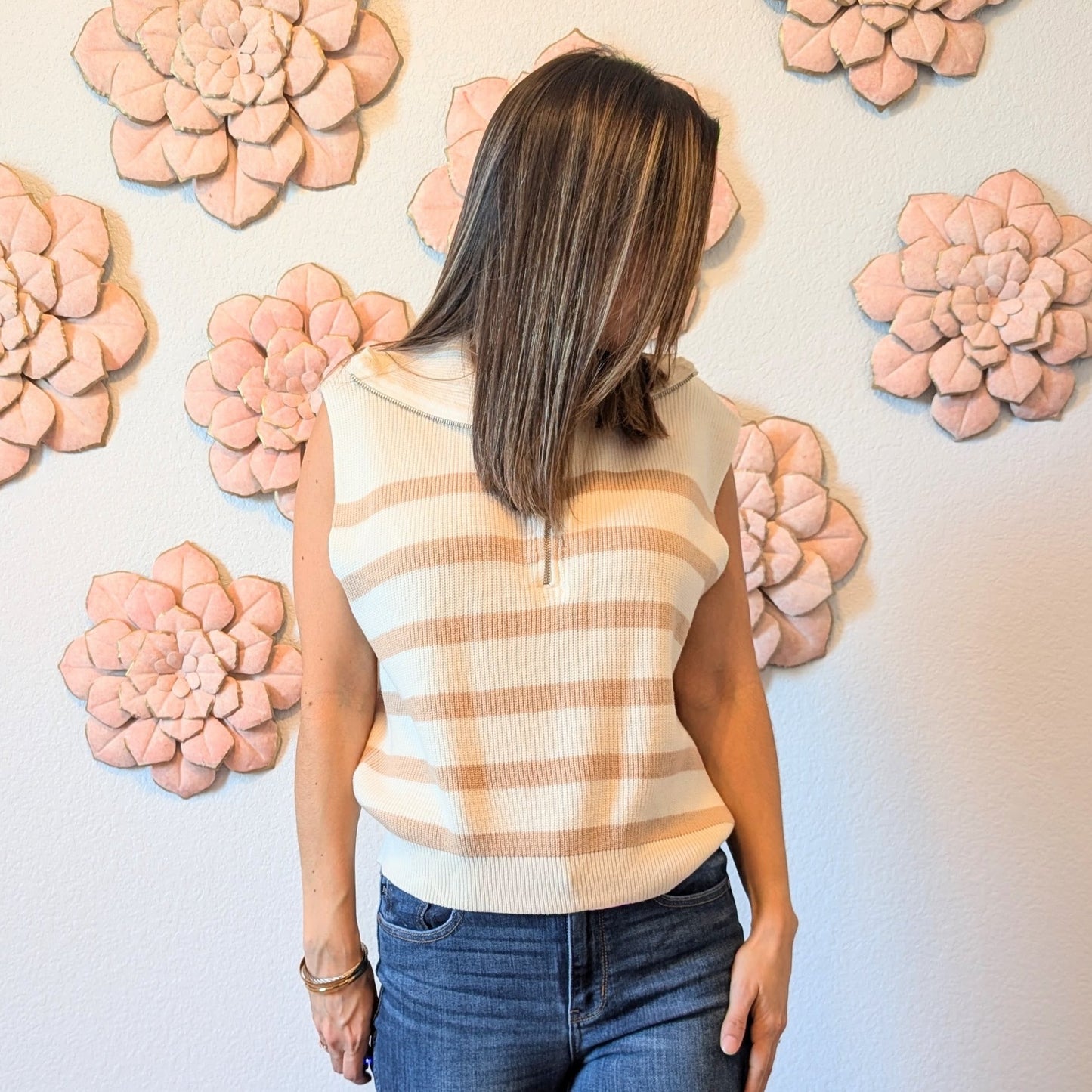 Taupe striped sleeveless sweater with front zipper