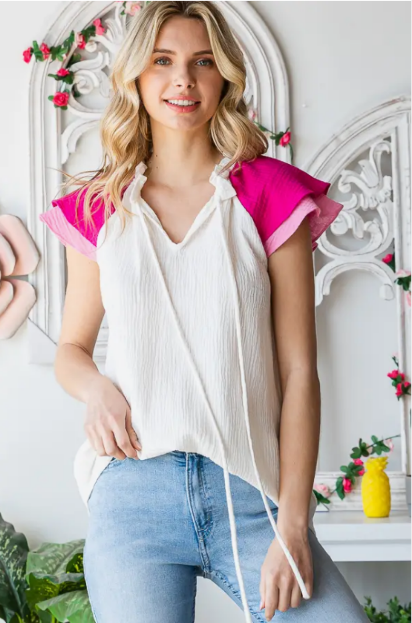 White Top with Pink Ruffled Sleeves