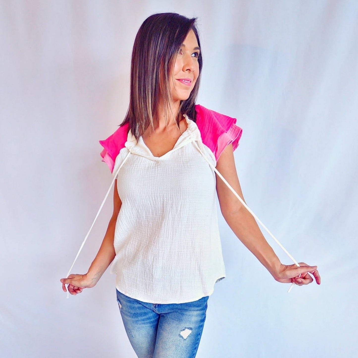 White Top with Pink Ruffled Sleeves